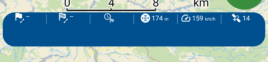 Pasek statusu z apki do nawigacji. Pokazuje wysokość 174 m n.p.m., prędkość 159 km/h i dostępność 14 satelitów.