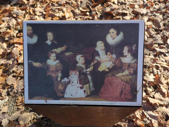 Reprodukcja kolażu, zamocowana na wierzchu niskiego, drewnianego słupa, na tle jesiennych liści. Kolaż oparty jest na portrecie rodziny Anthonego Reyniersa, autorstwa Cornelisa de Vosa (czyli paru ludzi w wymyślnych, siedemnastowiecznych ciuchach), tyle że na froncie wklejono pomarańczowego, pasiastego kota w biało-czerwonej sukni.