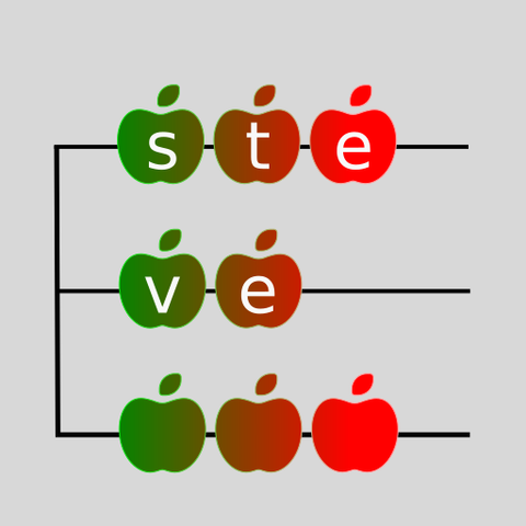 Logo w postaci schematycznego przedstawienia jabłek na rozwidlonych liniach, na kształt litery E. Na górze są 3 jabłka, pośrodku 2, na dole znów 3. Jabłka są pokolorowane gradientem z zieleni na czerwień; tak że lewe są w większości zielone, środkowe pomarańczowo-czerwone, a prawe całkiem czerwone. Obrys jabłek wykonany jest tym samym gradientem, aby trochę jaśniejszym, co sprawia wrażenie, jakby się jarzyły. Na pierwszych 5 jabłek nałożono litery, tworzące napis "steve".